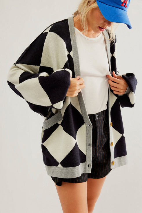 Colorblock Drop Shoulder V-Neck Button Front Cardigan Sweater